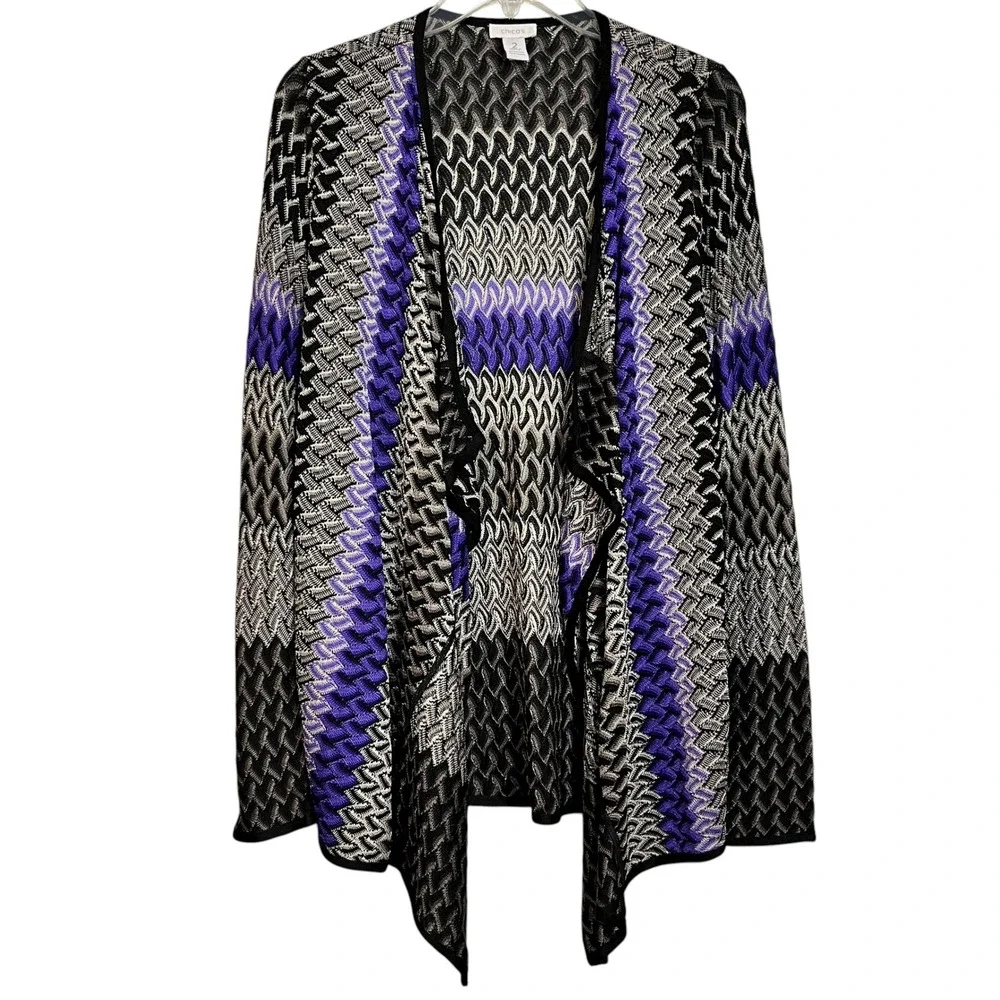 Chico's Open Front Cardigan Size 2 Med Purple Gray Black Knit Draped Lightweight